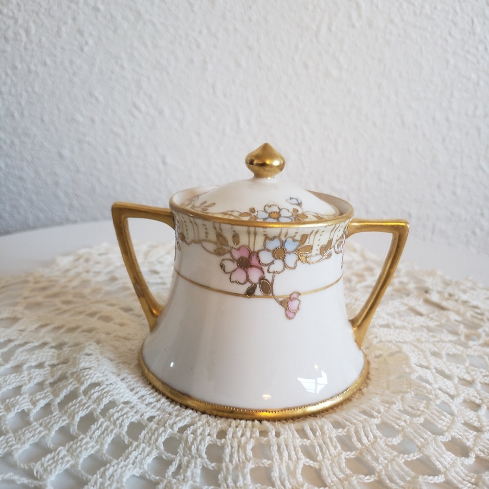 Antique Hand Painted Nippon ( Japan ) Floral Moriage Handled Sugar Bowl